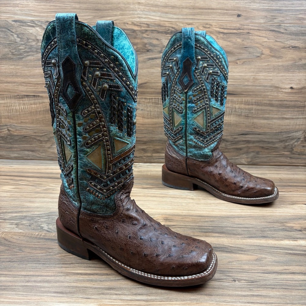 Corral Womens 7.5M Turquoise Copper Studs Full Quill Ostrich Western Boots A4059